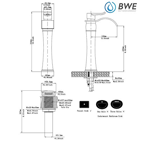 BWE Matte Black Bathroom Vessel Sink Faucet 1 Hole, Modern & Farmhouse | Single Handle, Wide Waterfall Spout, Ceramic Cartridge, Solid Brass Body, Pop-Up Drain & Water Line Included, Easy Install - color: Black
