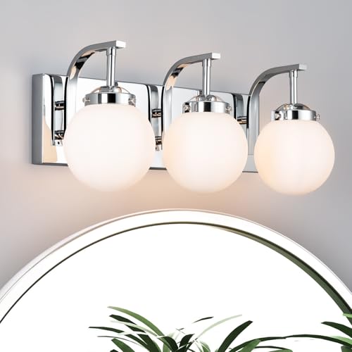 3 Lights Bathroom Vanity Light Fixtures Modern Chrome Vanity Light with Milk White Glass Globe Shade Bathroom Lighting Over Mirror Wall Sconce for Bedroom Living Room Hallway - color: Chrome, size: M Size Shade-3 Lights
