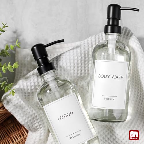 GMISUN Glass Soap Dispenser with Pump, 2 Pack Clear Bathroom Hand Soap Dispenser with Stainless Steel Pump, 17 Fl Oz Refillable Kitchen Hand and Dish Soap Dispensers Set, Modern Liquid Pump Bottles - color: Clear Bottle + Black Pump, size: 2 Pack
