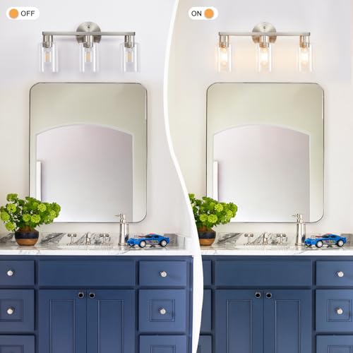 Bathroom Light Fixtures 3-Light Bathroom Vanity Light Brushed Nickel | Stainless steel body, Clear glass shade, E26 scoket, Anti-rust, Easy to install, Vanity lighting fixtures, Over mirror, 18 in - color: Brushed Nickel, size: 3 Light