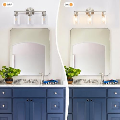 Bathroom Light Fixtures 3-Light Bathroom Vanity Light Brushed Nickel | Stainless steel body, Clear glass shade, E26 scoket, Anti-rust, Easy to install, Vanity lighting fixtures, Over mirror, 18 in - color: Brushed Nickel, size: 3 Light