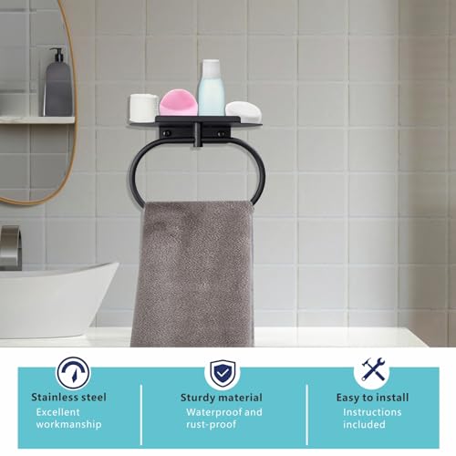 Towel Ring with Shelf, Heavy Duty Stainless Steel Bathroom Hardware, Adhesive No-Drill or Drill Mount Wall Mounted Towel Holder for Bathroom and Kitchen (Black) - color: Black