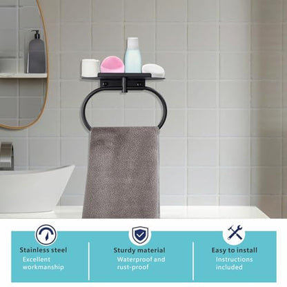 Towel Ring with Shelf, Heavy Duty Stainless Steel Bathroom Hardware, Adhesive No-Drill or Drill Mount Wall Mounted Towel Holder for Bathroom and Kitchen (Black) - color: Black