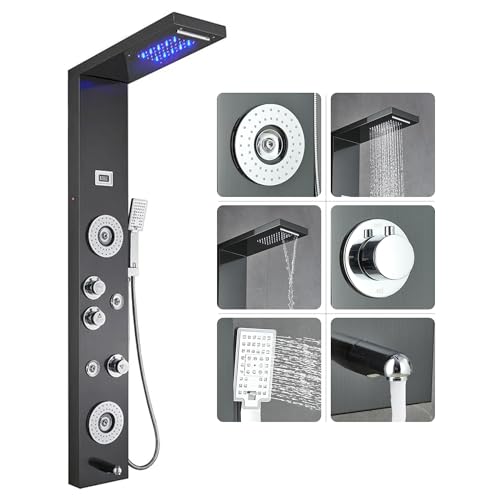 55 in. 6-Jet Stainless Steel Matte Black Shower Panel System w/Fixed LED Rainfall & Waterfall Showerhead, Temp Display, Tub Spout & Handheld Luxury Wall Mount Bathroom Tower