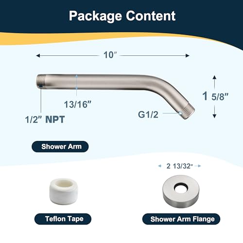 BRIGHT SHOWERS Shower Arm with Flange 10 Inches Solid Brass Shower Head Extension Arm, Wall Mounted Shower Pipe Arm for Rainfall Shower Head and Handheld Showerhead, Brushed Nickel - color: Brushed Nickel, style: Basic 10 Inch