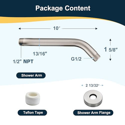 BRIGHT SHOWERS Shower Arm with Flange 10 Inches Solid Brass Shower Head Extension Arm, Wall Mounted Shower Pipe Arm for Rainfall Shower Head and Handheld Showerhead, Brushed Nickel - color: Brushed Nickel, style: Basic 10 Inch