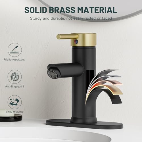 Bathroom Faucet for 1 or 3 Holes, Black and Gold, Brass | Single Handle Bathroom Sink Faucets, Modern Commercial Lavatory Vanity Faucet,with Deck Plate and Supply Line, Pop Up Drain - color: Black & Gold