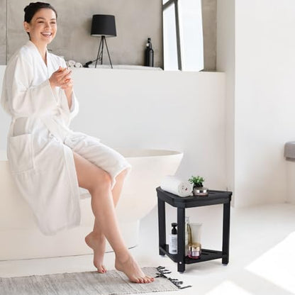 Boulphia Shower Foot Rest 14in, Acacia Wood Shower Stool for Shaving Legs (Black) - color: Black