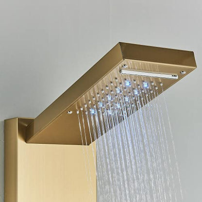 Brushed Gold LED Shower Panel Tower Massage Body Jets System Rain Waterfall Mixer Hand Shower