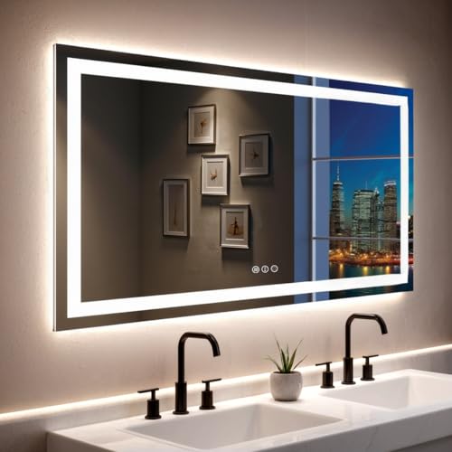 55"x 30" LED Bathroom Mirror with Lights, Double Lighting Sources Dimmable, Anti-Fog Vanity Mirror with Lights, Lighted Bathroom Vanity Mirror for Wall Tempered Glass (Horizontal/Vertical) | Front & Backlit, Memory Function, HD Tempered Glass Vanity Mirro