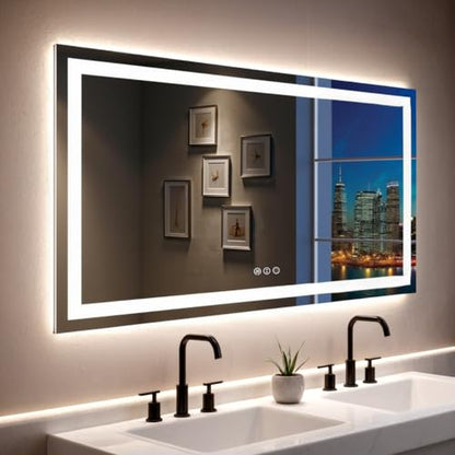 55"x 30" LED Bathroom Mirror with Lights, Double Lighting Sources Dimmable, Anti-Fog Vanity Mirror with Lights, Lighted Bathroom Vanity Mirror for Wall Tempered Glass (Horizontal/Vertical) | Front & Backlit, Memory Function, HD Tempered Glass Vanity Mirro