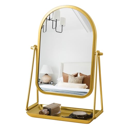 Desk Table Mirror Arch Makeup Vanity Mirror 360°Adjustable Rotation Golden Metal Framed Standing Mirrors with Tray Desktop Cosmetic Mirror for Living Room,Bedroom,Tabletop,Bathroom - color: Arched-gold