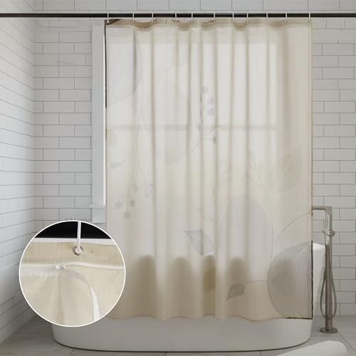 Morandi Branch Linen Boho Floral Shower Curtain Set with Liner | Double Layer Shower Curtain Waterproof Fabric with Zippered Removable PEVA Liner,Boho Shower Curtain for Bathroom,Free Hooks - color: Neutral Leaf