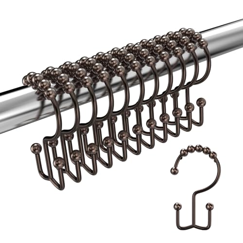 Bronze Shower Curtain Hooks Double Sided with Roller Balls | for Bathroom Rods, for Shower Curtain and Liner, Smooth Gliding, Rustproof Metal, Set of 12 Hooks - color: Bronze