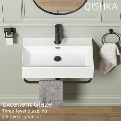 Wall Mount Rectangular Vessel Sink with Towel Rack, QISHKA 24"x14" Modern Ceramic Bathroom Floating Sink, White Rectangle Vanity Sink with Overflow, Wall Hung Wash Hand Basin - size: 24" x 14.2" x 5.1"
