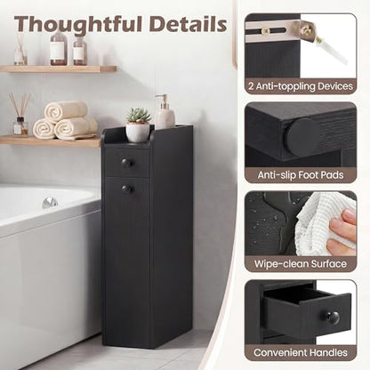 COSTWAY Slim Bathroom Cabinet, Freestanding Narrow Organizer, Black | 7" Wide Space-Saving Storage with 2-Tier Slide-Out Drawer, Shelf & Toilet Paper Holder, for Bathroom, Laundry & Small Spaces - color: Black