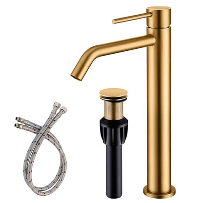 Brushed Brass Vessel Sink Faucet with Pop Up Drain and Supply Lines, Stainless Steel Brass Tall Bathroom Faucet Single Hole, JXMMP Gold Bathroom Faucet for Bowl Sink 1 Hole, JXM1001BTG - color: Brushed Brass, size: Tall Faucet