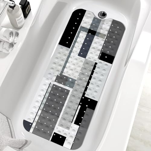 Black White Bath Tub Mat Non Slip, Modern Geometric Large Washable Shower Mats with Drain Holes and Suction Cups,40 X 16 Inch - color: Black White