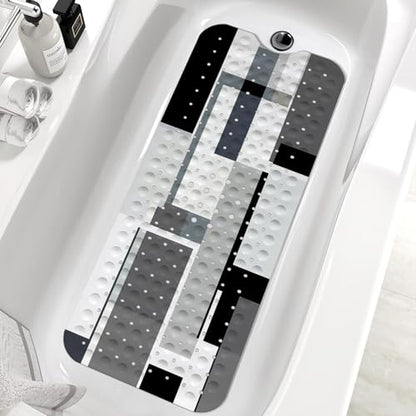 Black White Bath Tub Mat Non Slip, Modern Geometric Large Washable Shower Mats with Drain Holes and Suction Cups,40 X 16 Inch - color: Black White