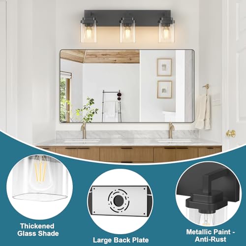 Matte Black Bathroom Light Fixtures, Modern Vanity Lights with Clear Glass Lamp Shade, Bathroom Lighting Fixtures Over Mirror, Restroom Vanity Lighting Fixture, 3-Light 22 Inch - color: Blakc, size: 3-Light