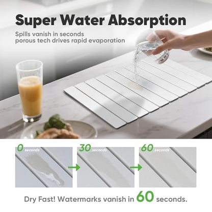 Stone Drying Mat for Kitchen Counter, Quick Diatomaceous Earth Mats for Dishes, 24"L x 16" W Super Absorbent Fast-Drying Collapsible Countertop Stone Mat (White, 24" x 16") - color: White