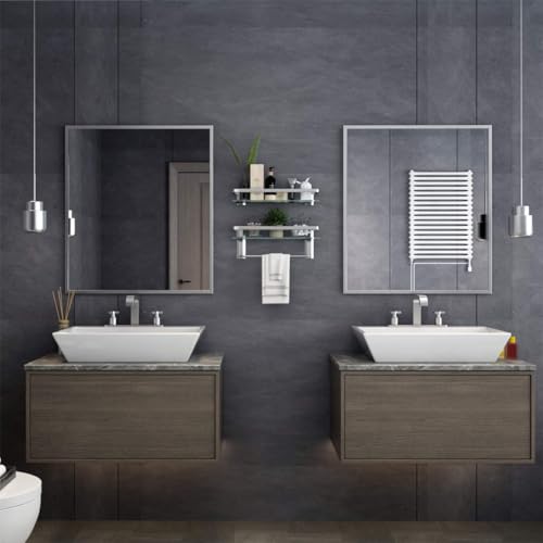 Glass Bathroom Shelf 15.7in Bathroom Shelf Wall Mounted Floating Glass Shelves with Towel Holder Glass Shelf for Bathroom 2 Tier (Sliver) - style: 2 tier with towel bar silver