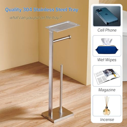 Freestanding Toilet Paper Holder for Bathroom – Brushed Stainless Steel Square Tissue Dispenser with Storage Tray & Roll Organizer - color: Brushed