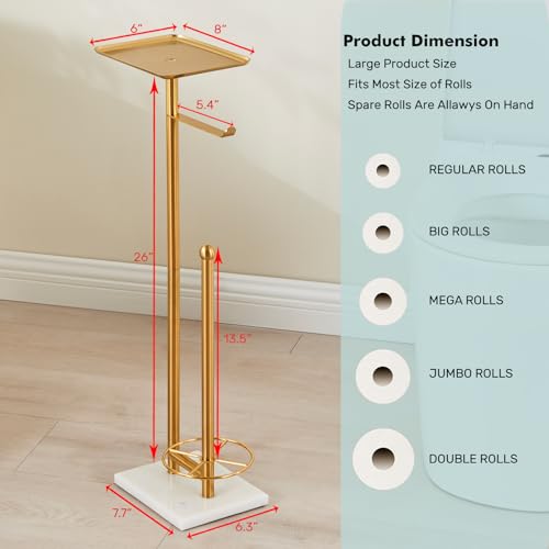 Toilet Paper Holder with Tray At the Top, Sturdy Marble Base No Wobby, Holding Extra 3 Toilet Paper Rolls As Spare Use, Freestanding No Drilling (Gold) - color: Gold