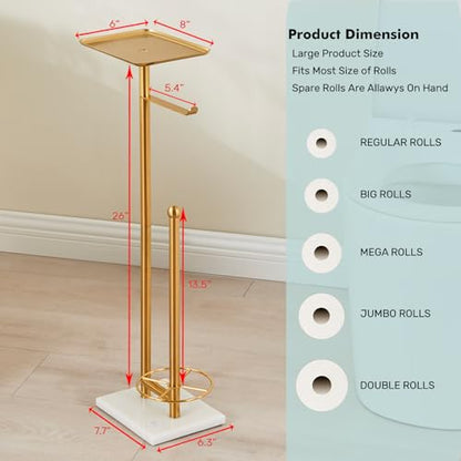 Toilet Paper Holder with Tray At the Top, Sturdy Marble Base No Wobby, Holding Extra 3 Toilet Paper Rolls As Spare Use, Freestanding No Drilling (Gold) - color: Gold