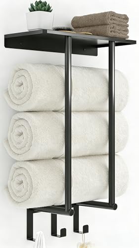 Bethom Towel Racks for Bathroom Wall, Black Small Towel Holder with Hooks | Stainless Steel Towel Shelf and 3 Hooks for Small Bathroom, Hold 3 Large Bath Towels - color: Black, size: Round Tube