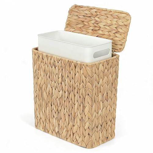 Wicker Trash Can,3 Gallon Bathroom Trash Can with Lid,Natural Water Hyacinth Wicker Waste Basket with Removable Liner, for Bedroom, Toilet, Narrow Spaces - size: Large