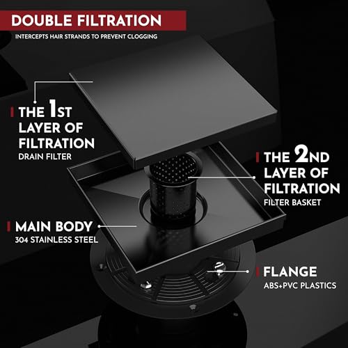 6 Inch Square Shower Drain Black Floor Drain with Flange Reversible 2-in-1 Cover Tile Insert Grate Removable SUS304 Stainless Steel CUPC Certified Matte Black - color: Matte Black, size: 6 Inch