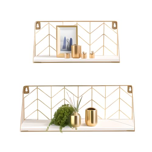 ZGZD White and Gold Floating Shelves Set of 2, Modern Geometric Wall Shelf for Bathroom, Bedroom,Kitchen, Office，Living Room Decor