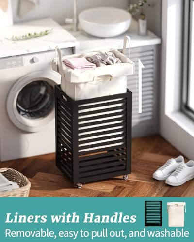 Laundry Basket with Wheels, Rolling Laundry Hamper, Bamboo Wood Laundry Cart with Removable Bag (Black—Beige Bag) - color: Black—Beige Bag
