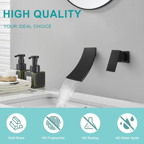 SKOWLL Matte Black Wall Mount Bathroom Faucet, Single Handle Bathroom Sink Faucet, Modern Waterfall Wall Mount Bathtub Faucets with Independent Swich, Filler Rough-in Valve Included - color: Matte Black