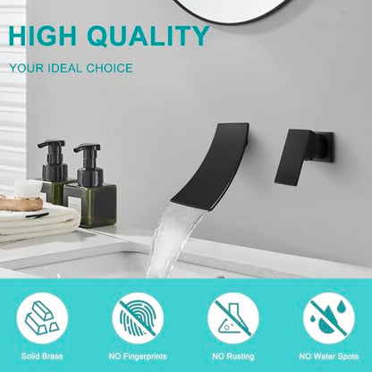 SKOWLL Matte Black Wall Mount Bathroom Faucet, Single Handle Bathroom Sink Faucet, Modern Waterfall Wall Mount Bathtub Faucets with Independent Swich, Filler Rough-in Valve Included - color: Matte Black