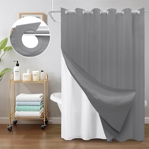 Inhousolu No Hook Shower Curtain with Removable Snap-in Liner, Waffle Weave 230 GSM Polyester, Weighted Hem, Water Repellent Washable, 72 x 78 Inch, Gray - color: Grey, size: 72"W x 78"L (Pack of 1)