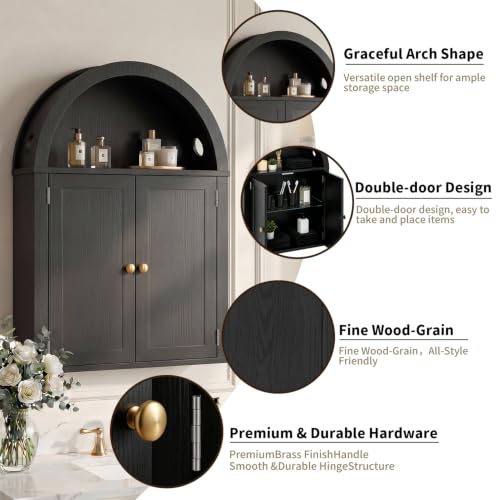 Bathroom Wall Cabinet with LED Light, Over The Toilet Storage Cabinet, Arched Bathroom Cabinet Wall Mount with 2 Doors & Adjustable Shelves, Above Bathroom Sink Cabinet for Laundry Kitchen (Black) - color: Black