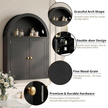 Bathroom Wall Cabinet with LED Light, Over The Toilet Storage Cabinet, Arched Bathroom Cabinet Wall Mount with 2 Doors & Adjustable Shelves, Above Bathroom Sink Cabinet for Laundry Kitchen (Black) - color: Black