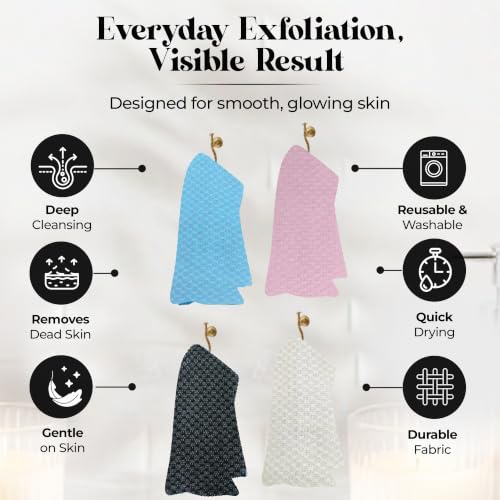 Exfoliating Washcloth – Long Japanese-Style Back Scrubber for Shower, 2-Sided Body Scrub Exfoliating Towel, Quick Dry Bath Cloth for Men & Women, White - color: White