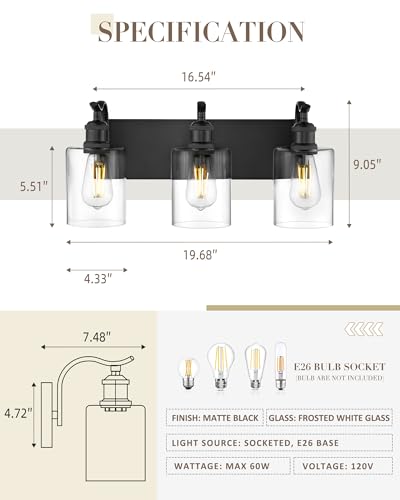 3-Light Black Bathroom Light Fixture Over Mirror, Modern Vanity Light, Clear Glass Wall Sconce, VL01BK-3 - color: Black & Clear Glass, size: 3 LIGHT