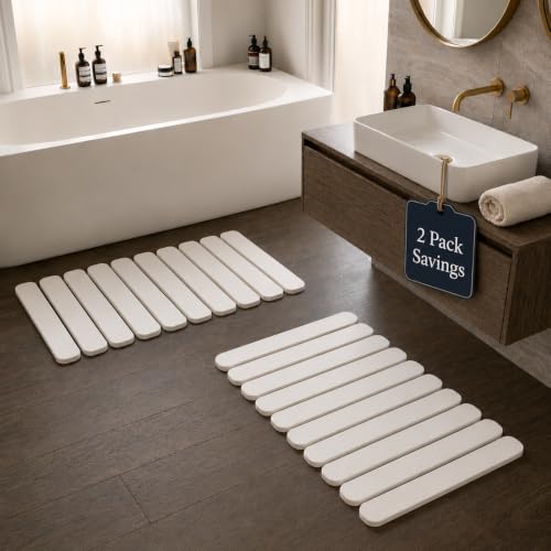 Foldable Stone Bath Mat Large 30" x 17" – Diatomaceous Earth Quick Drying Non-Slip Bathroom Mat – Super Absorbent Mat, Durable & Easy to Clean, Modern (2 Pack, White, Large 30" x 17") - color: 2 Pack White