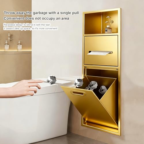 Stainless Steel Recessed Shower Nich with Built-in Trash Can(25.4X11.2IN) | Waterproof Bathroom Niche Alcove Toilet Paper Toiletries Storage Rack for Living Room Bedroom Hotel Residential - color: Gold