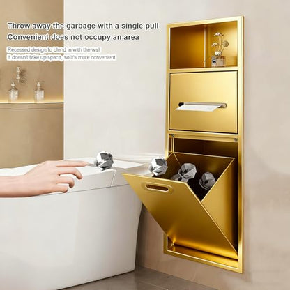 Stainless Steel Recessed Shower Nich with Built-in Trash Can(25.4X11.2IN) | Waterproof Bathroom Niche Alcove Toilet Paper Toiletries Storage Rack for Living Room Bedroom Hotel Residential - color: Gold