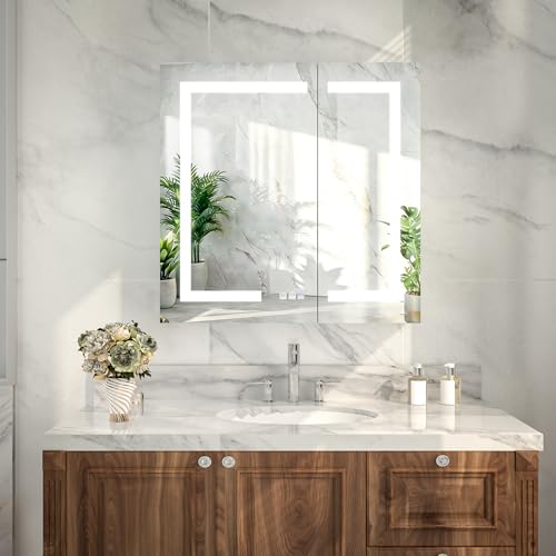30x30" Wall-Mounted LED Bathroom Medicine Cabinet, Anti-Fog, 3 Color Temp | Surface-Mount/Recessed, Double-Sided Mirror Cabinet with DTC Silent-Close Hinges, Adjustable Tempered Glass Shelf - size: 30W x 30H Inch