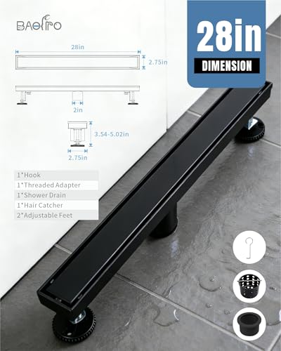 28 Inch Matte Black Linear Shower Drain | CUPC Certified 2-in-1 Tile Insert for Curbless Showers. 304 Steel, 15.8GPM Flow. Includes Hair Catcher & Adjustable Feet. - color: Matte Black, size: 28in