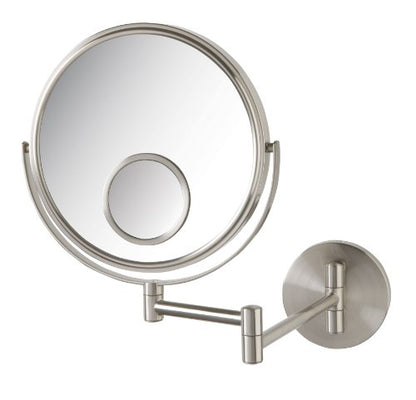 JERDON Wall-Mounted Makeup Mirror - 10X Magnification - Nickel - JP7510N | 8" Round Frame, 15X Spot Mirror, 10" Wall Extension