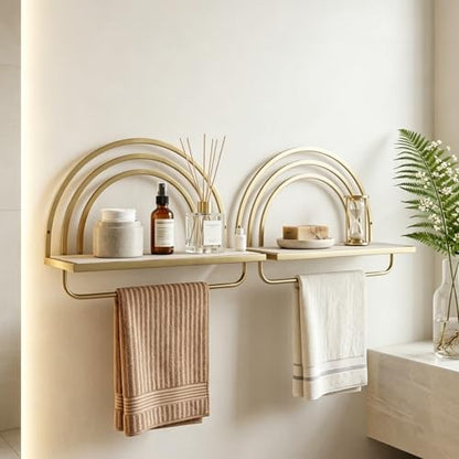Oakrain Gold Wall Shelf with Arched Metal Frame, Set of 2, 13"&16" | Rustic Wood Floating Shelves, Farmhouse Towel Rack for Bathroom, Entryway, Living Room, Bedroom - color: Gold