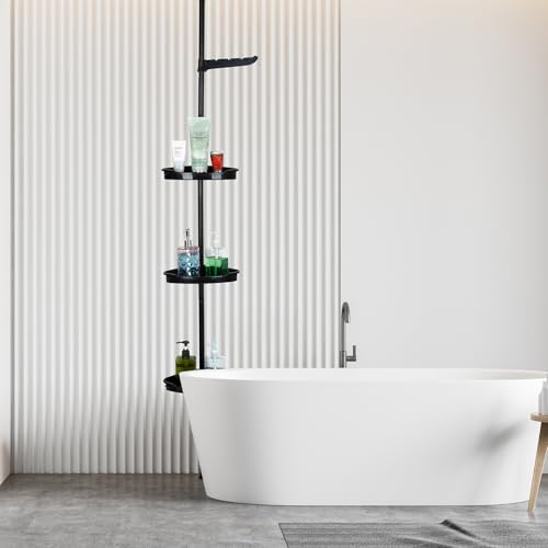 Corner Shower Caddy Tension Pole, 101.6''-122'', 4 Tier Shower Shelf, Rust Proof No Drilling Bathroom Organizer with Adjustable Trays, Plastic Bathtub Shelves Shamboo Holder, Black