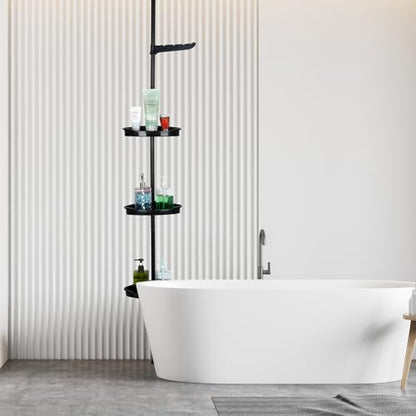 Corner Shower Caddy Tension Pole, 101.6''-122'', 4 Tier Shower Shelf, Rust Proof No Drilling Bathroom Organizer with Adjustable Trays, Plastic Bathtub Shelves Shamboo Holder, Black
